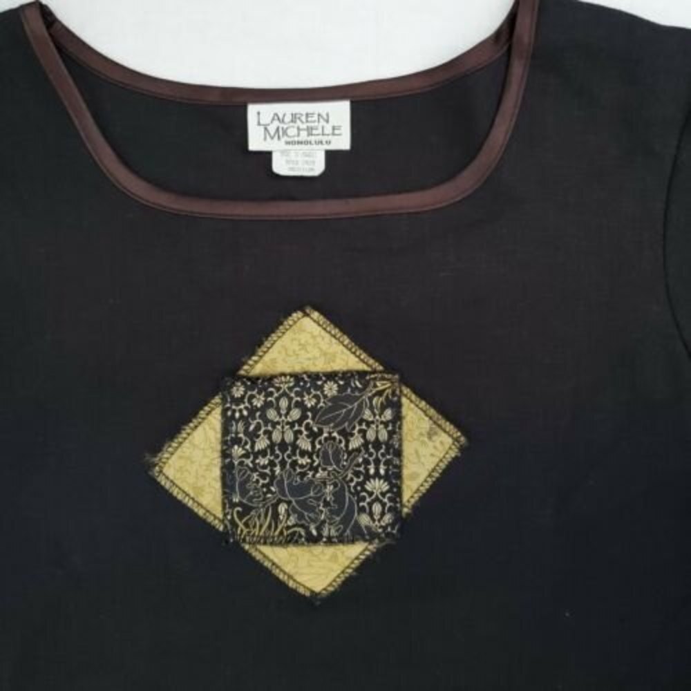Lauren Michele Honolulu Black Linen Blend Patchwork Shift Dress Hawaii Medium